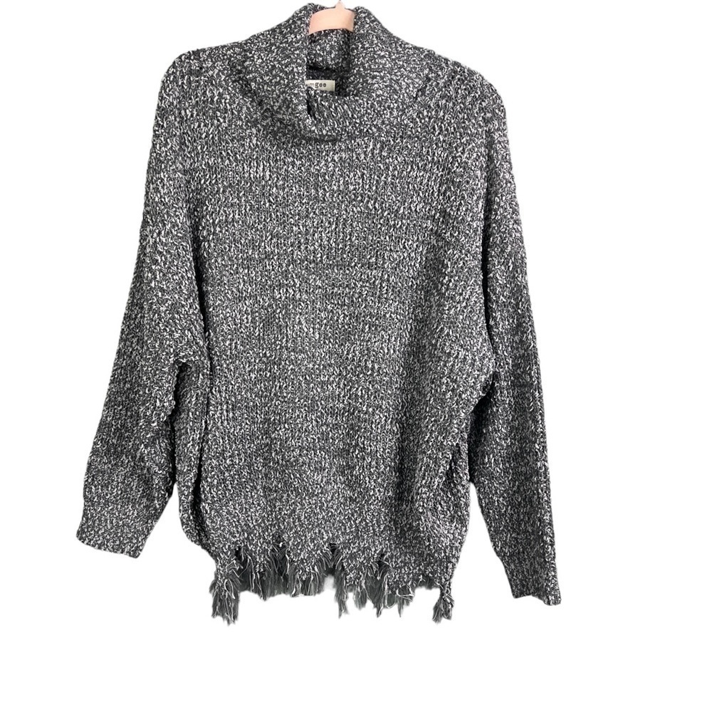 Umgee Women's Cowlneck Frayed Hem Sweater Gray Long Sleeve Stretch Size M